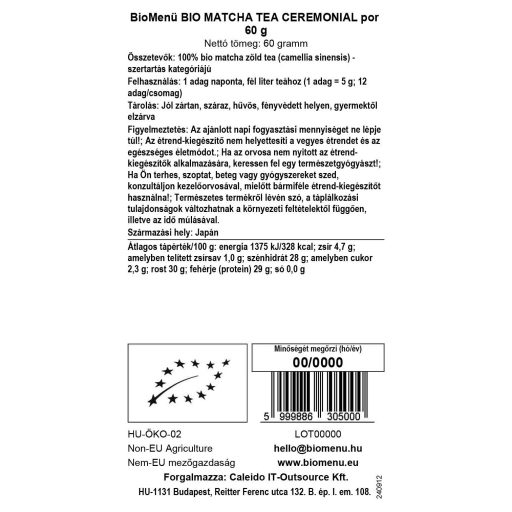 BioMenü ekologiczne proszek z ceremonialnej herbaty matcha 60 g etykieta danych