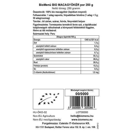 BioMenü proszek z organicznym korzeniem maca 250 g etykieta danych