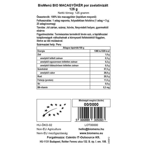 BioMenü proszek z organicznym korzeniem maca żelowany 125 g etykieta danych