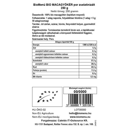 BioMenü proszek z organicznym korzeniem maca żelowany 250 g etykieta danych