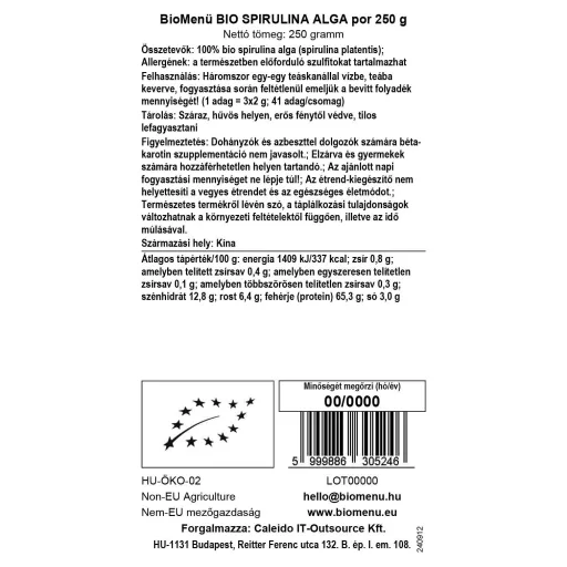 BioMenü proszek z alg spirulina bio 125 g etykieta danych