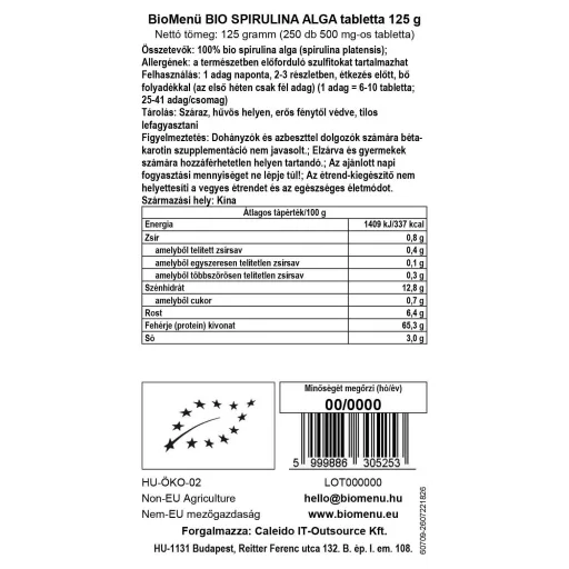 BioMenü Bio SPIRULINA ALGI tabletki 125 g etykieta danych