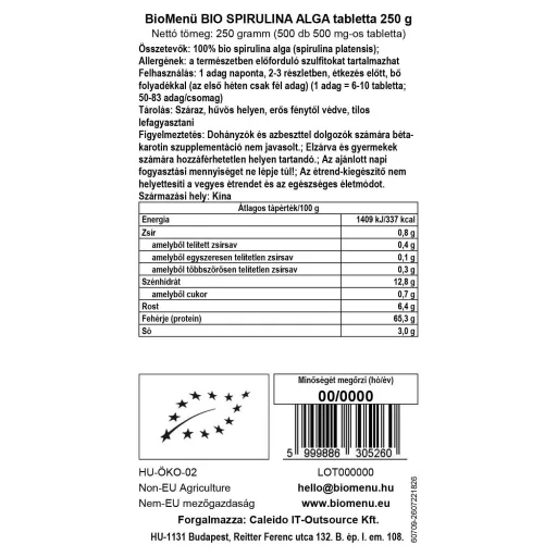BioMenü Bio SPIRULINA ALGI tabletki 250 g etykieta danych