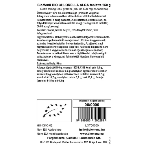 BioMenü ekologiczne tabletki z algami chlorella 250 g etykieta danych