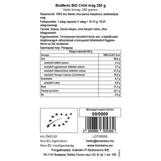 BioMenü ekologiczne nasiona chia 250 g etykieta danych