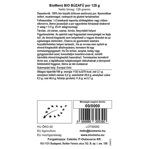 BioMenü ekologiczne proszek z trawy pszenicznej 125 g etykieta danych