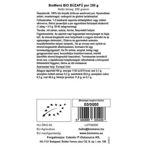 BioMenü proszek z ekologicznej trawy pszenicznej 250 g etykieta danych