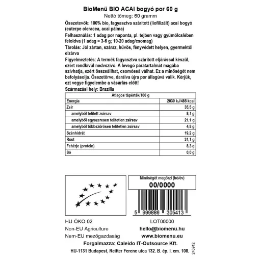 BioMenü proszek z jagód acai bio 60 g etykieta danych