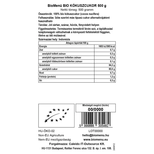BioMenü organiczny cukier kokosowy 500 g etykieta danych