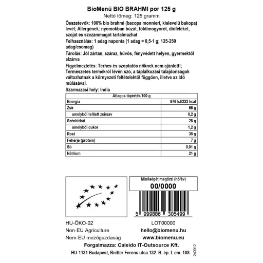 BioMenü ekologiczne proszek brahmi 125 g etykieta danych