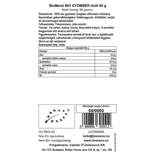 BioMenü Bio IMBIR mielony 60 g etykieta danych