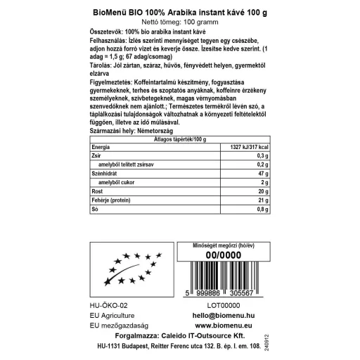BioMenü 100% arabica kawa rozpuszczalna bio 100 g etykieta danych