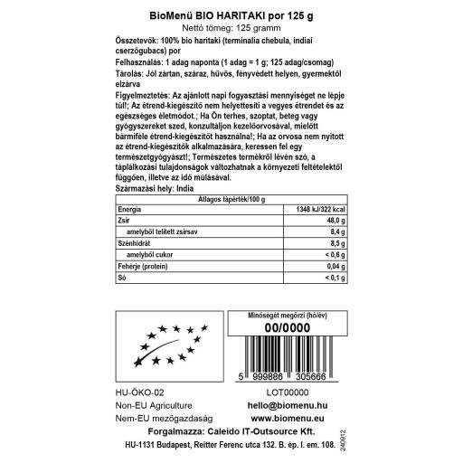 BioMenü organiczny proszek haritaki 125 g etykieta danych