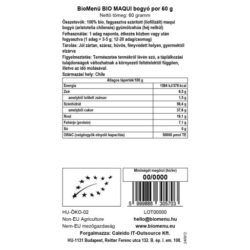BioMenü ekologiczne proszek z jagód maqui 60 g etykieta danych