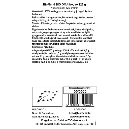 BioMenü bio jagody goji 125 g etykieta danych