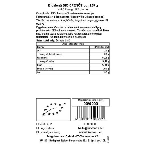 BioMenü proszek ze szpinaku bio 125 g etykieta danych