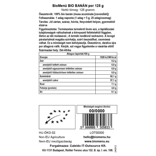 BioMenü ekologiczne proszek bananowy 125 g etykieta danych
