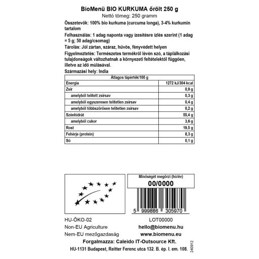 BioMenü kurkuma mielona ekologiczna 250 g etykieta danych