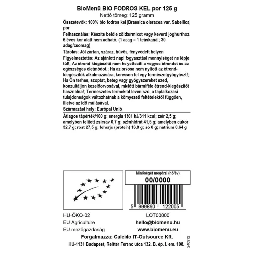 BioMenü ekologiczna kapusta włoska w proszku 125 g etykieta danych