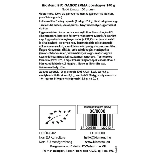 BioMenü ekologiczny proszek z grzybem ganoderma 100 g etykieta danych