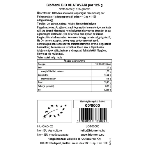 BioMenü proszek z bio shatavari 125 g etykieta danych