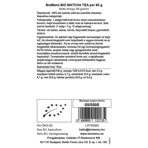 BioMenü ekologiczne proszek z herbaty matcha 60 g etykieta danych