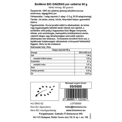 BioMenü bio żeń-szeń syberyjski w proszku 60 g etykieta danych