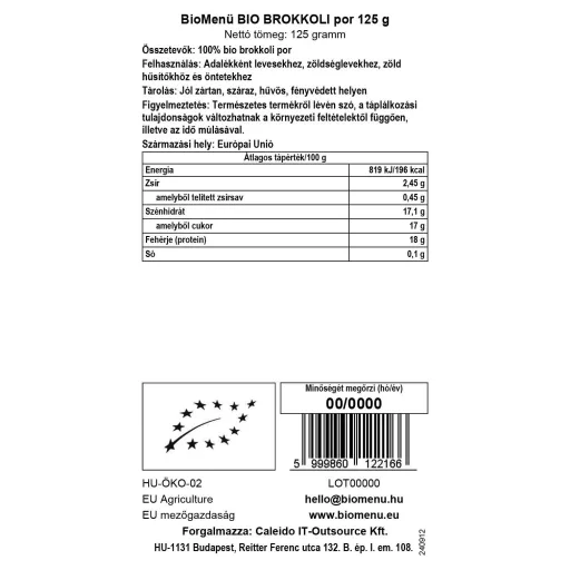 BioMenü ekologiczne proszek z brokułów 125 g etykieta danych