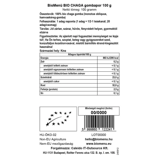 BioMenü ekologiczne proszek z grzyba chaga 100 g etykieta danych
