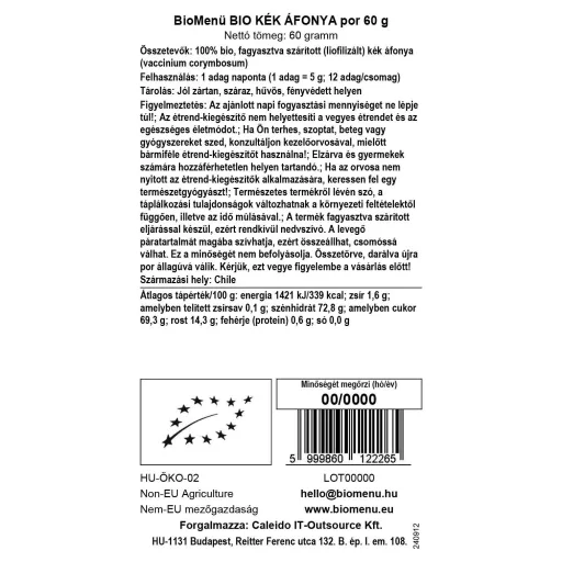BioMenü ekologiczne mączka z jagód borówki amerykańskiej 60 g etykieta danych