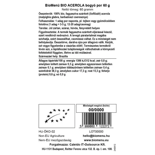 BioMenü proszek z jagód aceroli bio 60 g etykieta danych