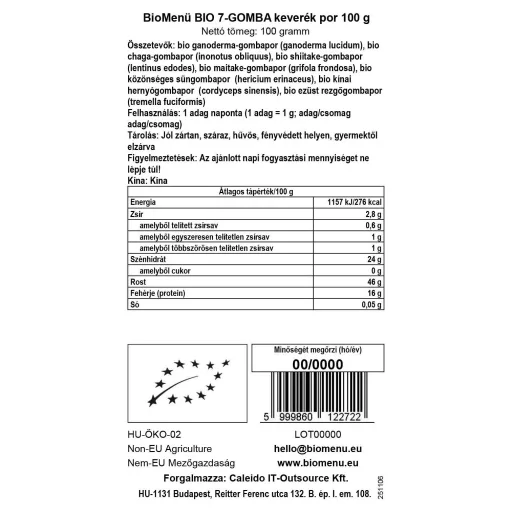 BioMenü mieszanka 7 grzybów bio w proszku 100 g etykieta danych