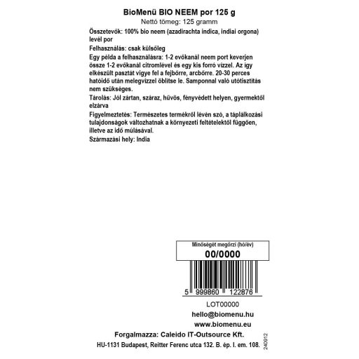 BioMenü proszek z neem ekologiczny 125 g etykieta danych