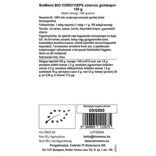BioMenü ekologiczne proszek z grzybami cordyceps sinensis 100 g etykieta danych