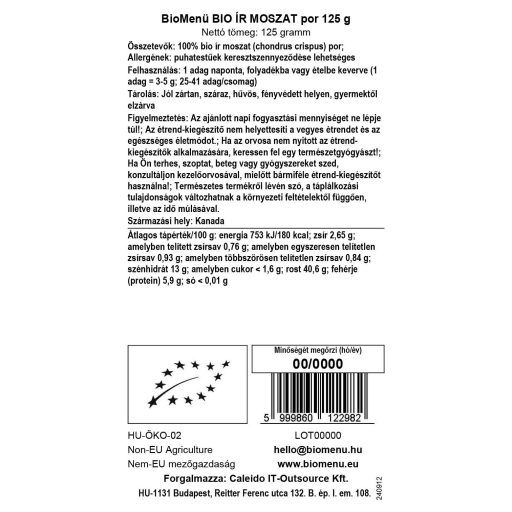 BioMenü organiczny proszek z irlandzkiego mchu 125 g etykieta danych