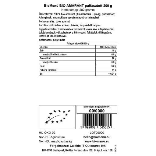 BioMenü ekologiczne amarantus dmuchany 200 g etykieta danych