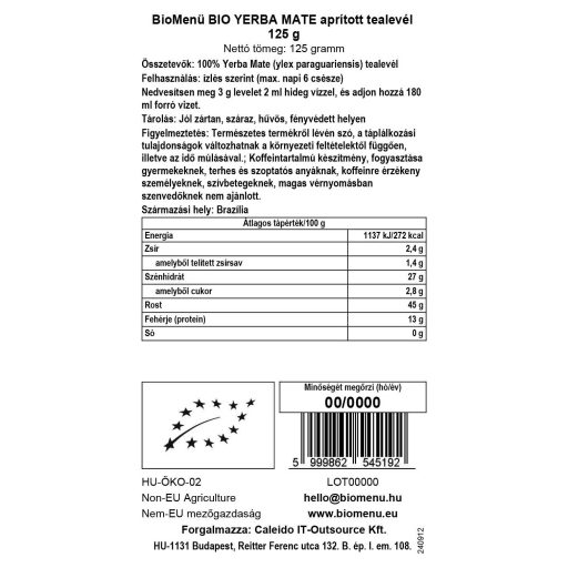 BioMenü yerba mate ekologiczna, rozdrobnione liście herbaty 125 g etykieta danych