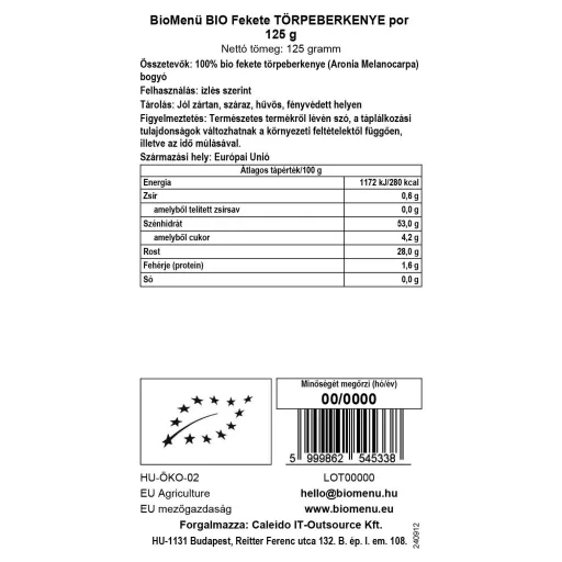 BioMenü ekologiczna czarna jagoda w proszku 125 g etykieta danych