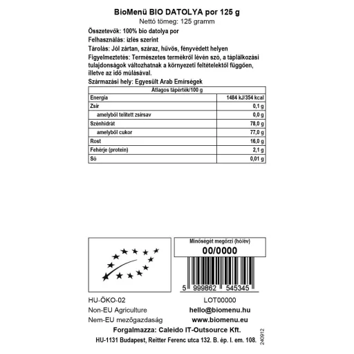 BioMenü ekologiczne proszek z daktyli 125 g etykieta danych
