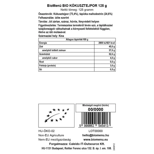 BioMenü organiczne mleko kokosowe w proszku 125 g etykieta danych