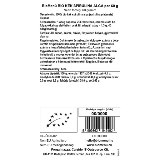 BioMenü ekologiczne mączka z niebieskiej spiruliny 60 g etykieta danych