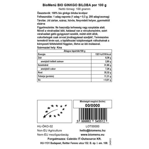 BioMenü bio ginkgo biloba w proszku 100 g etykieta danych