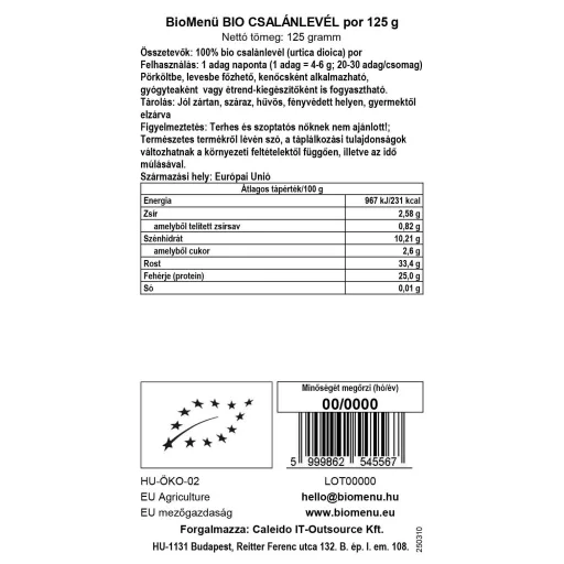 BioMenü ekologiczne proszek z liści pokrzywy 125 g etykieta danych