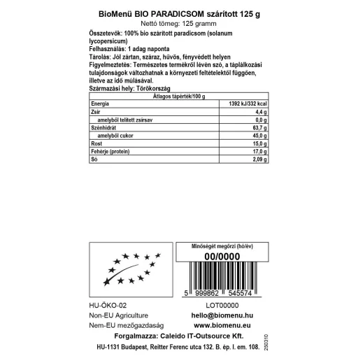 BioMenü pomidory suszone ekologiczne 125 g etykieta danych