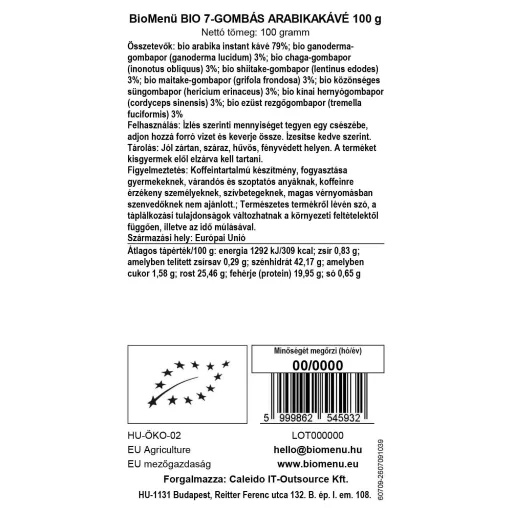 BioMenü Bio 7-Grzybowa Kawa Arabica 100 g etykieta danych